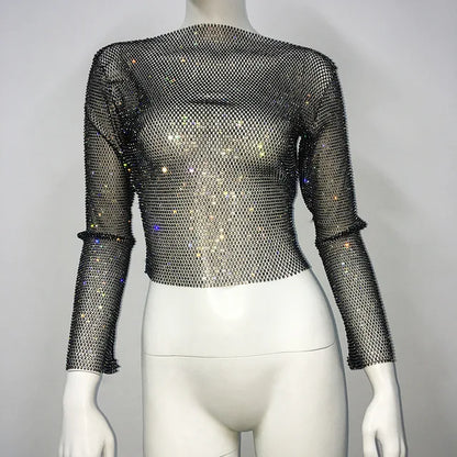 Tops brillantes para fiesta de noche en club para mujer, conjuntos de top corto con diamantes, accesorios Y2K, tops de red con purpurina y agujeros
