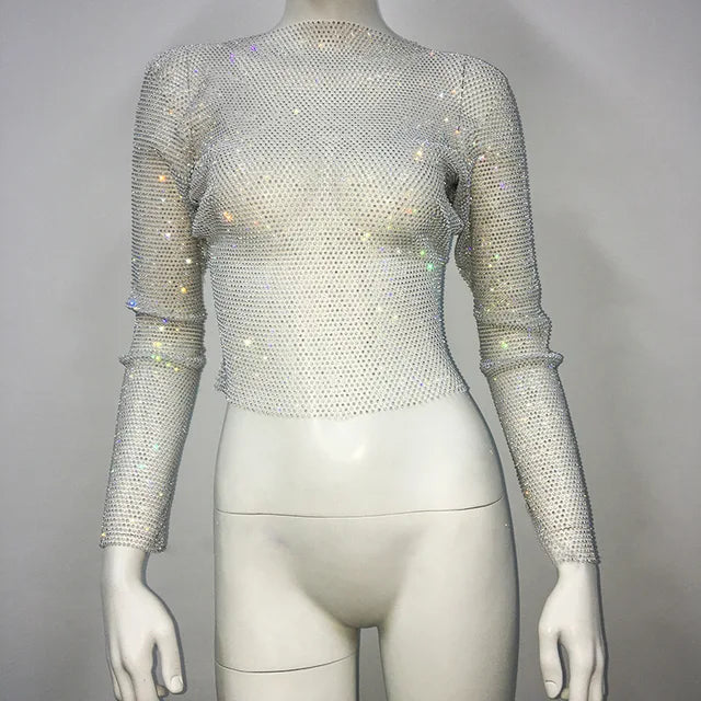 Tops brillantes para fiesta de noche en club para mujer, conjuntos de top corto con diamantes, accesorios Y2K, tops de red con purpurina y agujeros