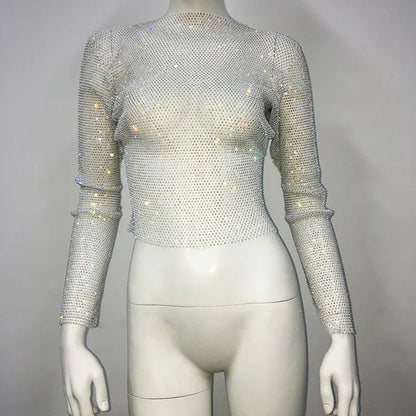 Tops brillantes para fiesta de noche en club para mujer, conjuntos de top corto con diamantes, accesorios Y2K, tops de red con purpurina y agujeros