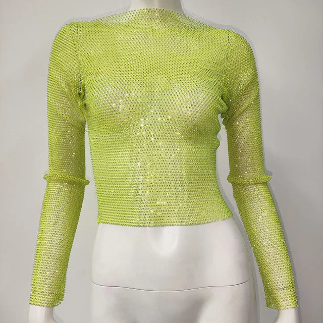 Tops brillantes para fiesta de noche en club para mujer, conjuntos de top corto con diamantes, accesorios Y2K, tops de red con purpurina y agujeros