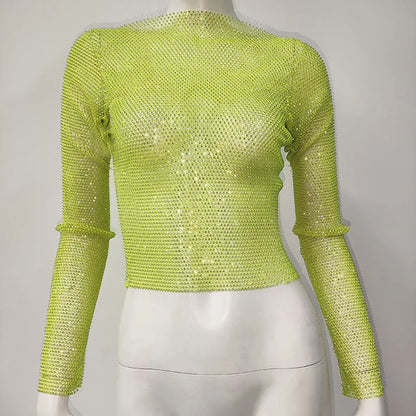 Tops brillantes para fiesta de noche en club para mujer, conjuntos de top corto con diamantes, accesorios Y2K, tops de red con purpurina y agujeros