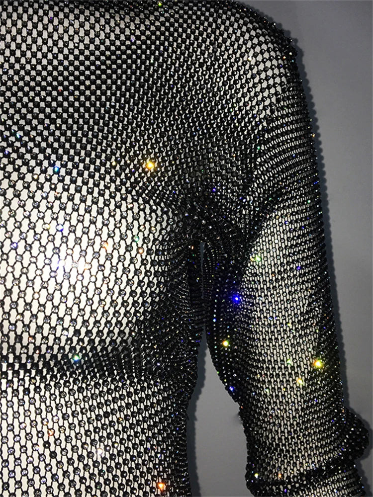 Tops brillantes para fiesta de noche en club para mujer, conjuntos de top corto con diamantes, accesorios Y2K, tops de red con purpurina y agujeros