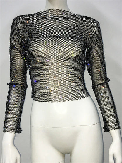 Tops brillantes para fiesta de noche en club para mujer, conjuntos de top corto con diamantes, accesorios Y2K, tops de red con purpurina y agujeros