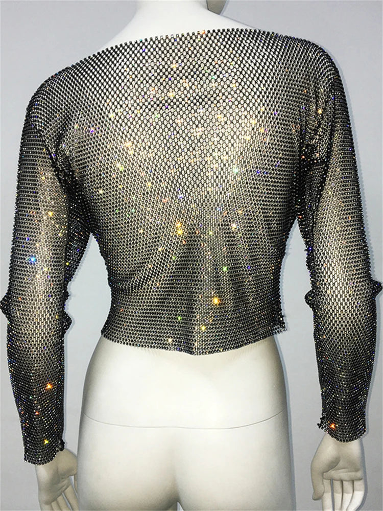 Tops brillantes para fiesta de noche en club para mujer, conjuntos de top corto con diamantes, accesorios Y2K, tops de red con purpurina y agujeros
