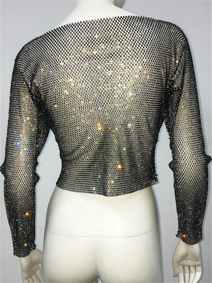 Tops brillantes para fiesta de noche en club para mujer, conjuntos de top corto con diamantes, accesorios Y2K, tops de red con purpurina y agujeros