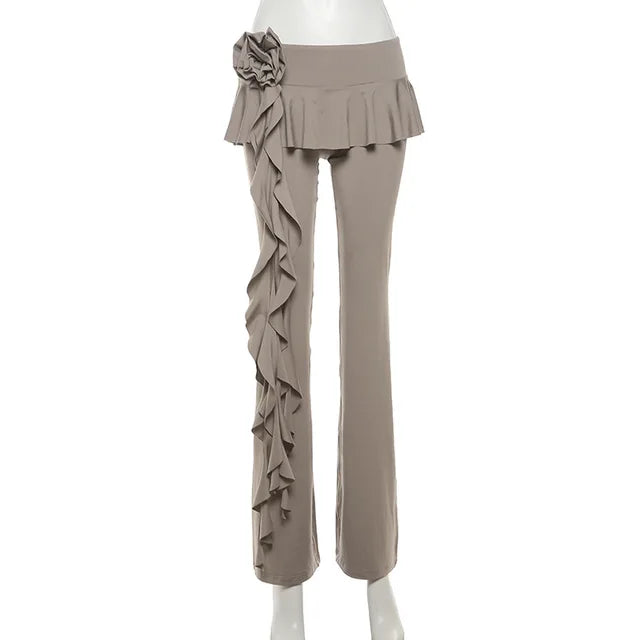 Fashion Flower Ribbons Straight Pants For Women Solid Color Casual High Strecth Folds Patchwork Female Summer Trousers