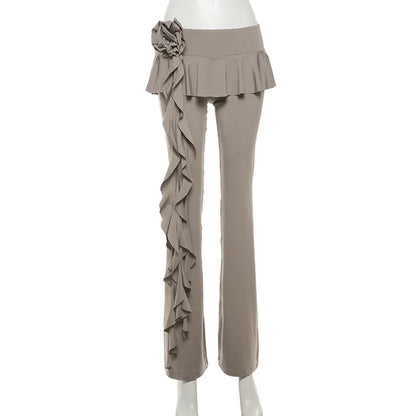 Fashion Flower Ribbons Straight Pants For Women Solid Color Casual High Strecth Folds Patchwork Female Summer Trousers