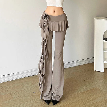Fashion Flower Ribbons Straight Pants For Women Solid Color Casual High Strecth Folds Patchwork Female Summer Trousers