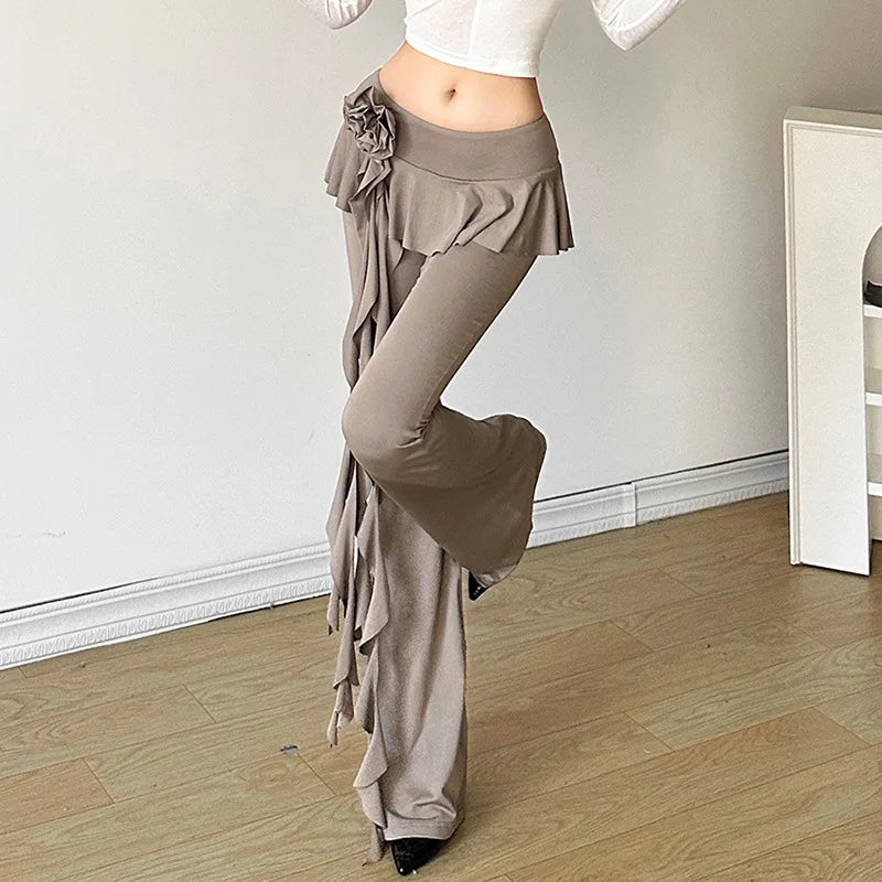 Fashion Flower Ribbons Straight Pants For Women Solid Color Casual High Strecth Folds Patchwork Female Summer Trousers