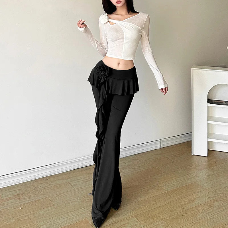 Fashion Flower Ribbons Straight Pants For Women Solid Color Casual High Strecth Folds Patchwork Female Summer Trousers