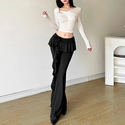 Fashion Flower Ribbons Straight Pants For Women Solid Color Casual High Strecth Folds Patchwork Female Summer Trousers