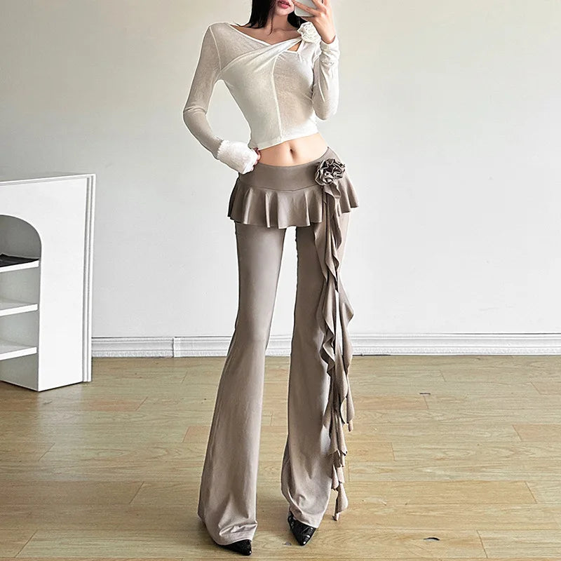 Fashion Flower Ribbons Straight Pants For Women Solid Color Casual High Strecth Folds Patchwork Female Summer Trousers