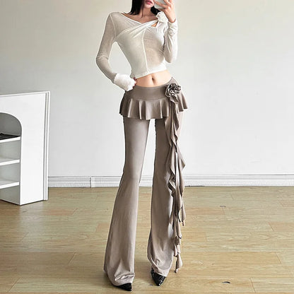 Fashion Flower Ribbons Straight Pants For Women Solid Color Casual High Strecth Folds Patchwork Female Summer Trousers