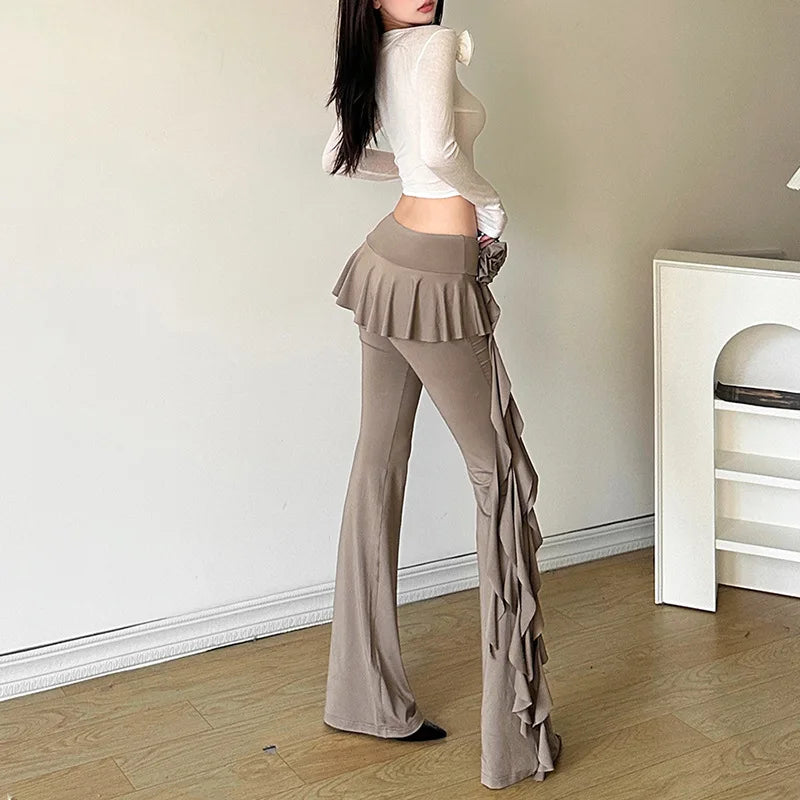 Fashion Flower Ribbons Straight Pants For Women Solid Color Casual High Strecth Folds Patchwork Female Summer Trousers