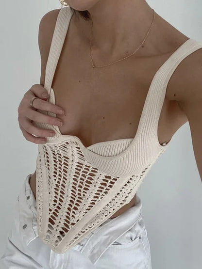 Tops cortos de punto con cintura de espiga de pescado para mujer, camiseta de chaleco 2025, sexy, sin mangas, con agujeros, top Y2K, top de corsé