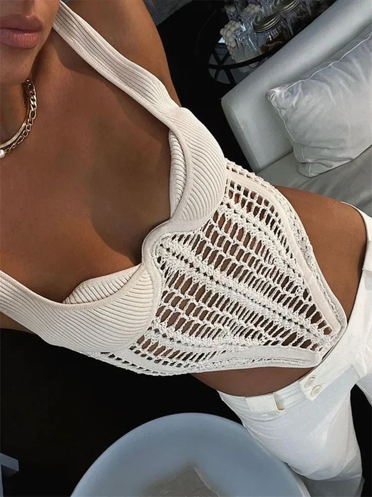 Tops cortos de punto con cintura de espiga de pescado para mujer, camiseta de chaleco 2025, sexy, sin mangas, con agujeros, top Y2K, top de corsé