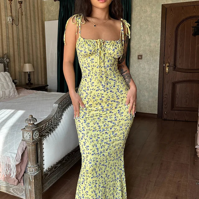 Vestido floral elegante de verano para mujer, con hombros descubiertos, cordones y escote en V profundo, vestido informal largo para playa y vacaciones.