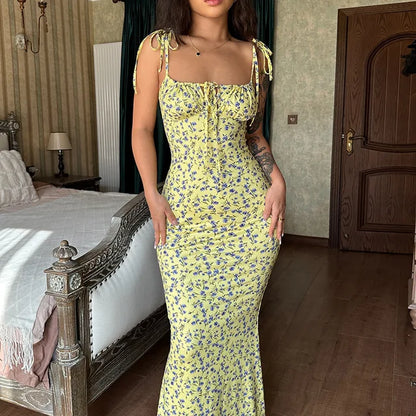 Vestido floral elegante de verano para mujer, con hombros descubiertos, cordones y escote en V profundo, vestido informal largo para playa y vacaciones.