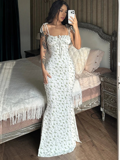 Vestido floral elegante de verano para mujer, con hombros descubiertos, cordones y escote en V profundo, vestido informal largo para playa y vacaciones.