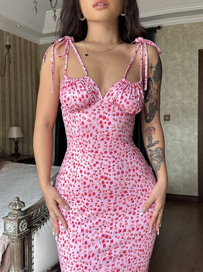 Vestido floral elegante de verano para mujer, con hombros descubiertos, cordones y escote en V profundo, vestido informal largo para playa y vacaciones.