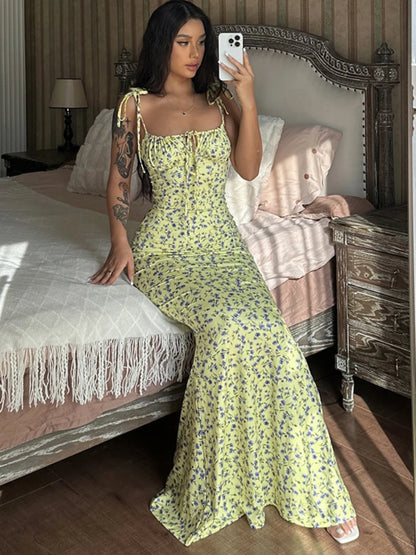 Vestido floral elegante de verano para mujer, con hombros descubiertos, cordones y escote en V profundo, vestido informal largo para playa y vacaciones.