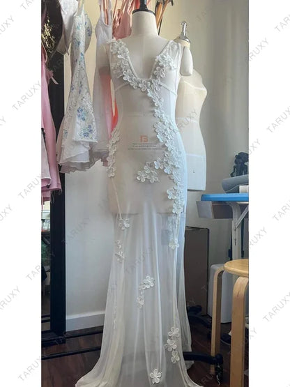 Vestido blanco floral para mujer, vestido maxi transparente ajustado de gasa con encaje de verano para bodas, fiestas y noches.