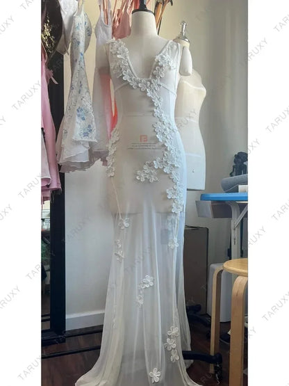 Vestido blanco floral para mujer, vestido maxi transparente ajustado de gasa con encaje de verano para bodas, fiestas y noches.