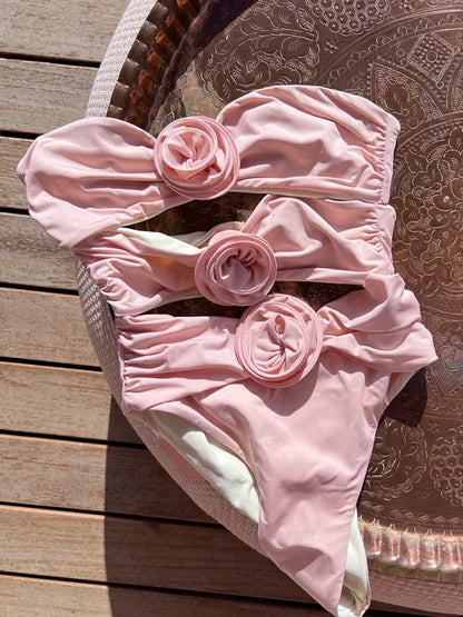 Flower Bikini Women Sexys Girls Hollow Out Slim Swimwear Women’s Beach Holiday Off The Shoulders Sexy Bodysuit Lingerie