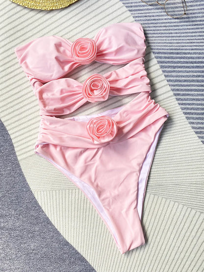 Flower Bikini Women Sexys Girls Hollow Out Slim Swimwear Women’s Beach Holiday Off The Shoulders Sexy Bodysuit Lingerie