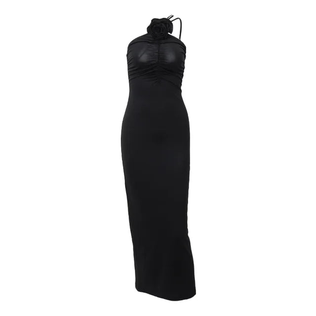 Flower Bodycon Maxi Dresses For Women Folds Slim Black Sundress Women’s Sexy Backless Party Temperament Dresses Woman