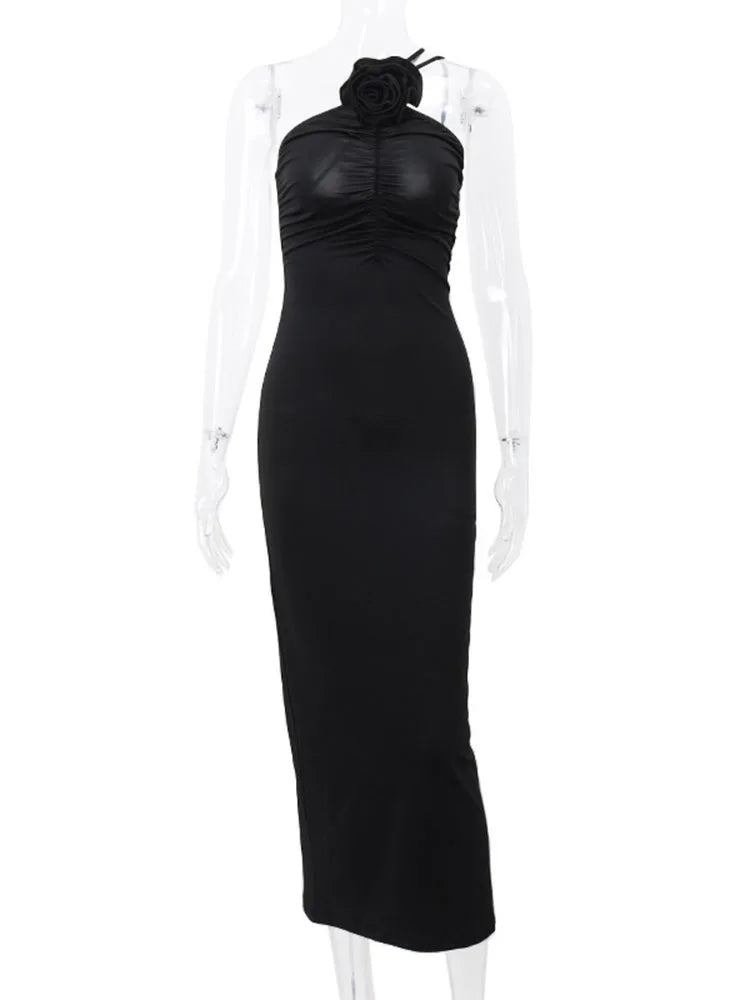 Flower Bodycon Maxi Dresses For Women Folds Slim Black Sundress Women’s Sexy Backless Party Temperament Dresses Woman