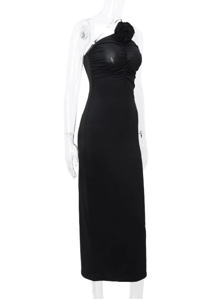Flower Bodycon Maxi Dresses For Women Folds Slim Black Sundress Women’s Sexy Backless Party Temperament Dresses Woman