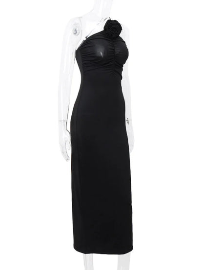 Flower Bodycon Maxi Dresses For Women Folds Slim Black Sundress Women’s Sexy Backless Party Temperament Dresses Woman