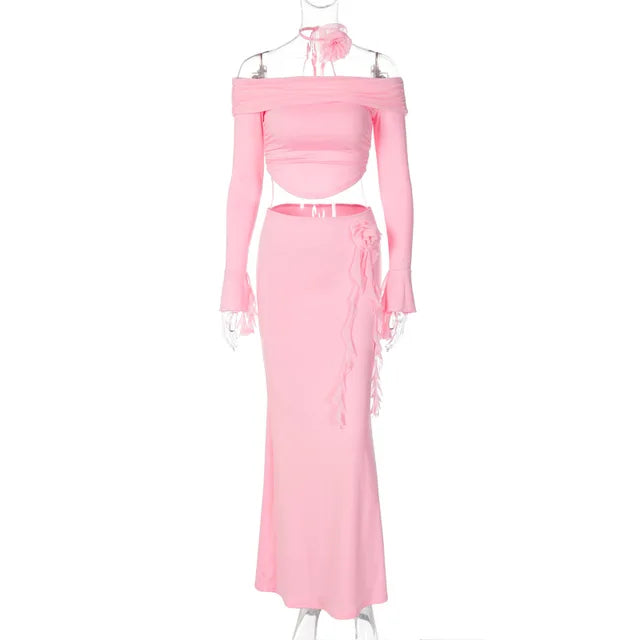 Flower Bodycon Skirt Sets Women Slim Sexy Backless Lace Up Tops Women’s Party Elegant Dress 2 Piece Womens Suits Outfits