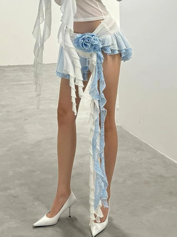 Minifaldas de encaje con flores para mujer, faldas asimétricas con volantes, ajustadas y drapeadas, estilo urbano Y2K, sexys