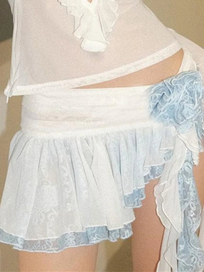 Minifaldas de encaje con flores para mujer, faldas asimétricas con volantes, ajustadas y drapeadas, estilo urbano Y2K, sexys