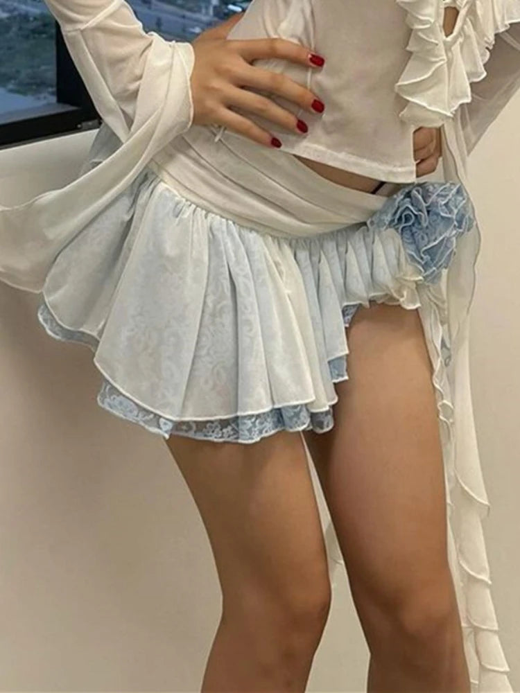 Minifaldas de encaje con flores para mujer, faldas asimétricas con volantes, ajustadas y drapeadas, estilo urbano Y2K, sexys