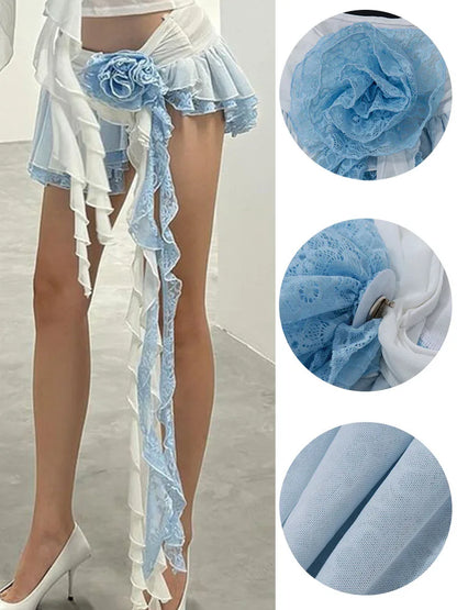 Minifaldas de encaje con flores para mujer, faldas asimétricas con volantes, ajustadas y drapeadas, estilo urbano Y2K, sexys
