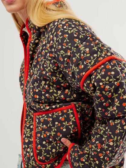 Flower Print Jackets For Women Fashion Pocket Slim Coat Womens Clothes Street Casual Autumn Cardigan Female New Outerwear