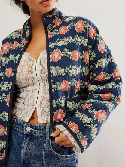 Flower Print Jackets For Women Fashion Pocket Slim Coat Womens Clothes Street Casual Autumn Cardigan Female New Outerwear