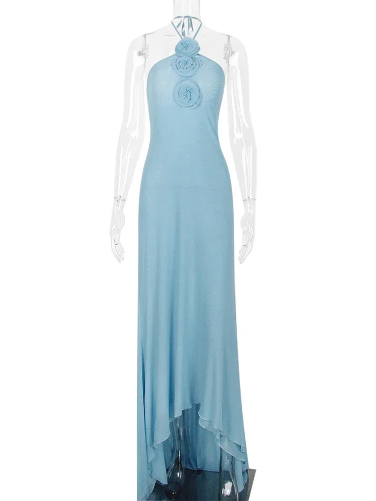 Vestido ajustado de malla con empalme de flores para mujer, vestido largo ajustado sexy de verano para mujer, vestido de noche sexy sin espalda para fiesta para mujer