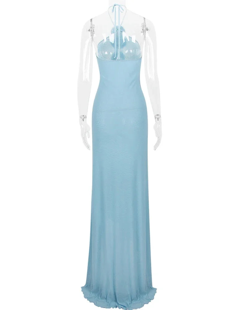 Vestido ajustado de malla con empalme de flores para mujer, vestido largo ajustado sexy de verano para mujer, vestido de noche sexy sin espalda para fiesta para mujer