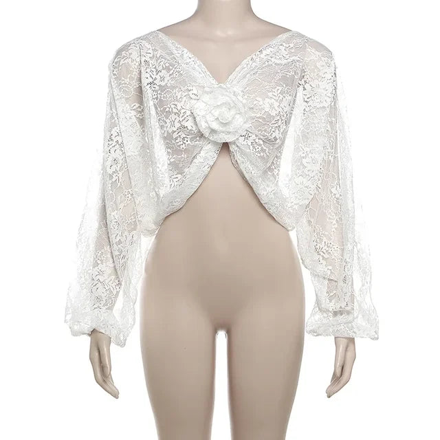 Camisas de malla con empalme de flores para mujer, blusas sexis transparentes, holgadas, de manga larga, con encaje para club de chicas, novedad 2025