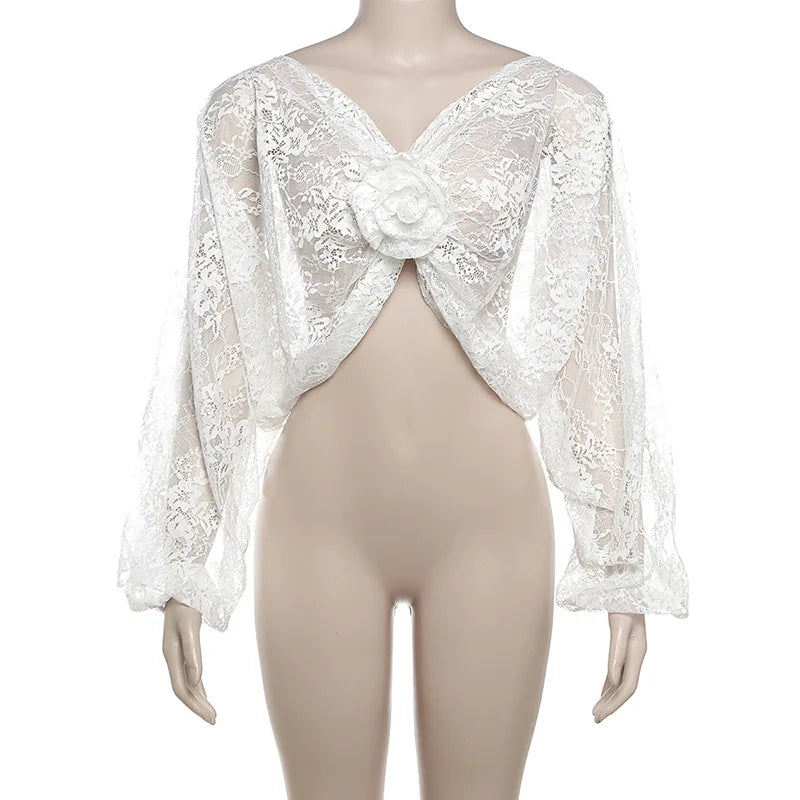Camisas de malla con empalme de flores para mujer, blusas sexis transparentes, holgadas, de manga larga, con encaje para club de chicas, novedad 2025