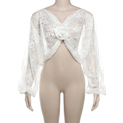 Camisas de malla con empalme de flores para mujer, blusas sexis transparentes, holgadas, de manga larga, con encaje para club de chicas, novedad 2025