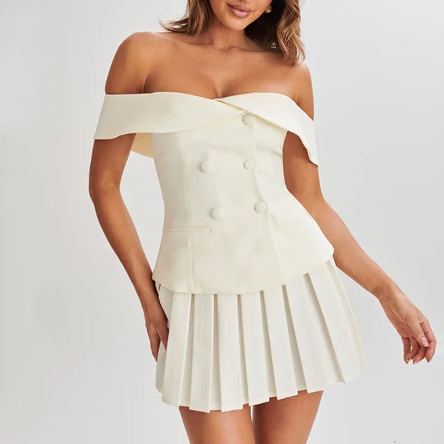 Conjuntos de vestido con pliegues para mujer, top corto sexy sin mangas con hombros descubiertos y botones, conjuntos de minifalda informal de calle para mujer, conjuntos para mujer
