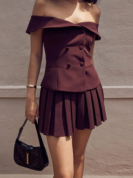 Folds Dress Sets Women Sexy Off Shoulder Sleeveless Button Crop Tops Female Street Casual Mini Skirt Sets Womens Outfits