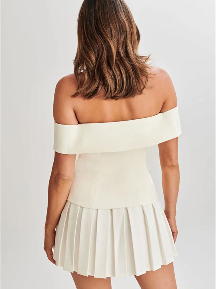 Conjuntos de vestido con pliegues para mujer, top corto sexy sin mangas con hombros descubiertos y botones, conjuntos de minifalda informal de calle para mujer, conjuntos para mujer
