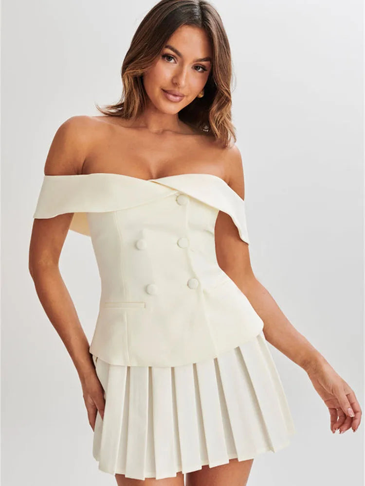 Conjuntos de vestido con pliegues para mujer, top corto sexy sin mangas con hombros descubiertos y botones, conjuntos de minifalda informal de calle para mujer, conjuntos para mujer