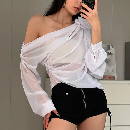Pareos de playa con pliegues y flores para mujer, de malla transparente, de manga larga, de gran tamaño, sexys, transparentes, para playa